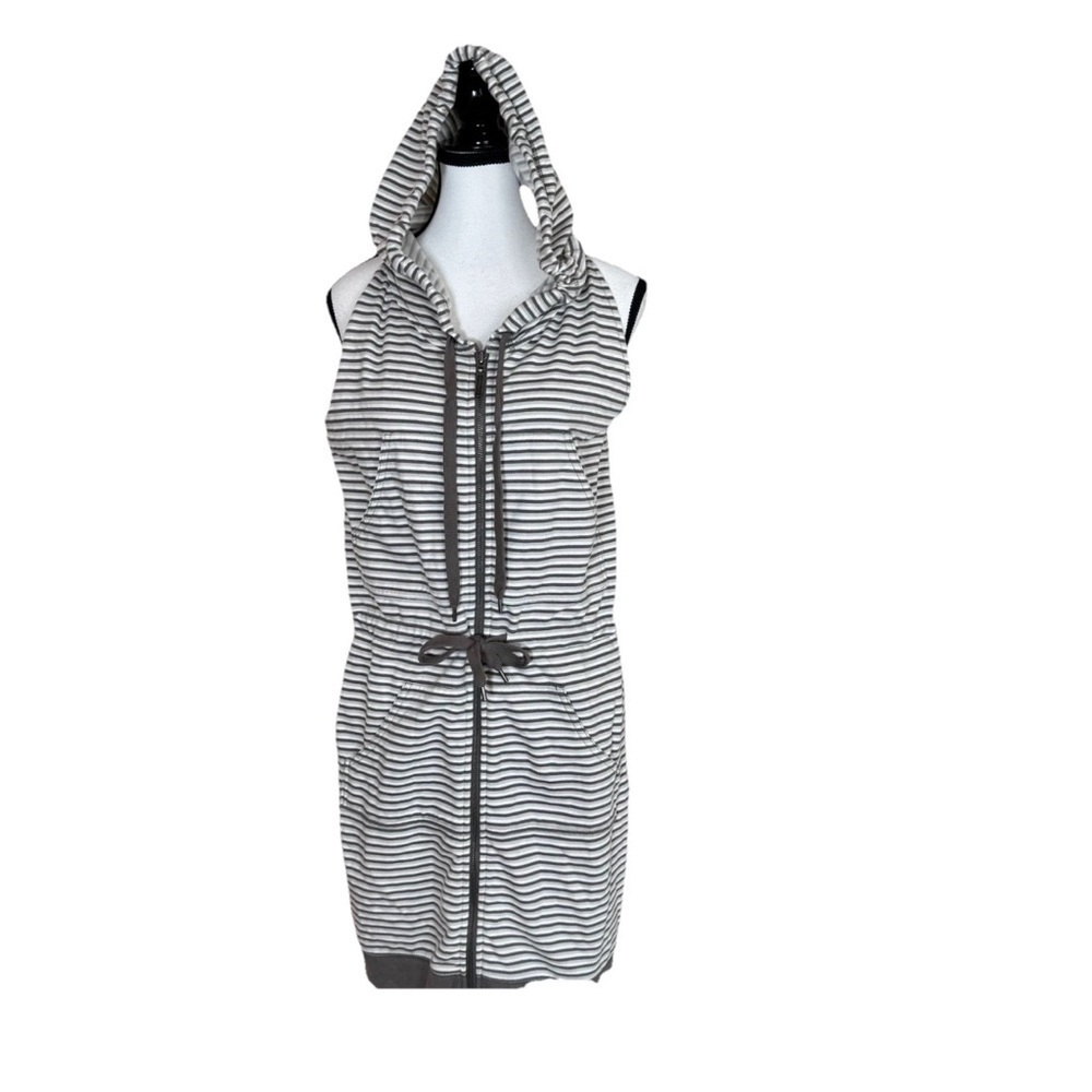 Norma Kamali Hoodie Tunic Dress Sleeveless Small Striped Gray White ATHLEISURE